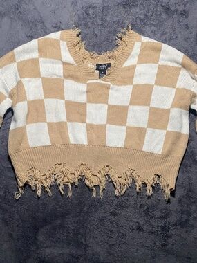 Just Polly Distressed Tan & White Checkered Knit Sweater – Women's Medium